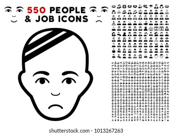 Pitiful Patient Head icon with 550 bonus pity and glad person graphic icons. Vector illustration style is flat black iconic symbols.