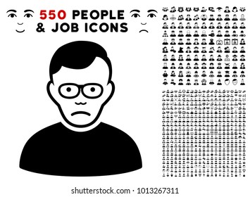 Pitiful Pensioner icon with 550 bonus pity and glad user pictograms. Vector illustration style is flat black iconic symbols.