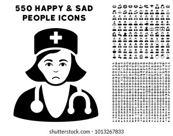 Pitiful Physician Lady pictograph with 550 bonus pity and glad jobs clip art. Vector illustration style is flat black iconic symbols.