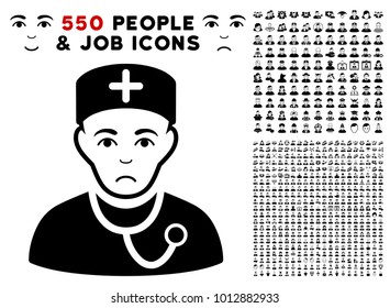 Pitiful Physician pictograph with 550 bonus pity and glad men icons. Vector illustration style is flat black iconic symbols.