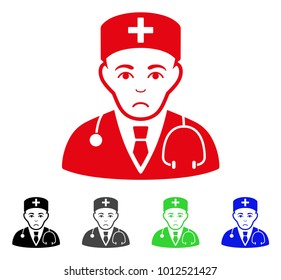 Pitiful Physician vector pictograph. Vector illustration style is a flat iconic physician symbol with gray, black, blue, red, green color versions. Face has unhappy feeling.