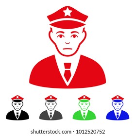 Pitiful Policeman vector icon. Vector illustration style is a flat iconic policeman symbol with gray, black, blue, red, green color versions. Face has desperate expression.