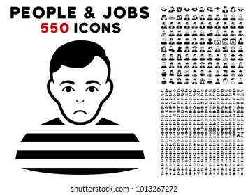 Pitiful Prisoner icon with 550 bonus pity and glad person symbols. Vector illustration style is flat black iconic symbols.