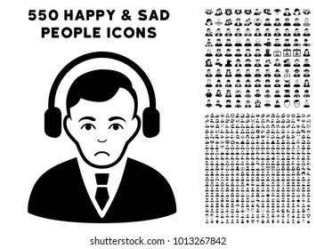 Pitiful Radio Manager pictograph with 550 bonus pitiful and happy people pictures. Vector illustration style is flat black iconic symbols.