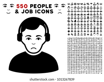 Pitiful Radioman pictograph with 550 bonus pity and glad user icons. Vector illustration style is flat black iconic symbols.