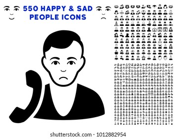 Pitiful Receptionist pictograph with 550 bonus sad and happy people symbols. Vector illustration style is flat black iconic symbols.