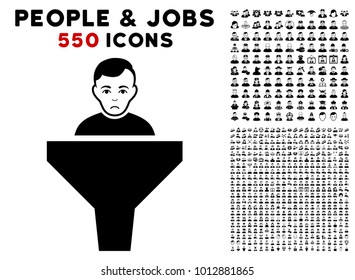 Pitiful Sales Funnel Client icon with 550 bonus pitiful and glad people pictures. Vector illustration style is flat black iconic symbols.