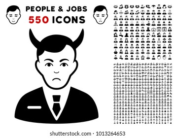 Pitiful Satan icon with 550 bonus sad and glad jobs pictographs. Vector illustration style is flat black iconic symbols.