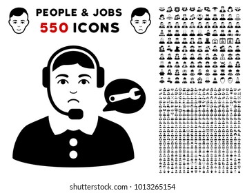 Pitiful Service Center Lady icon with 550 bonus sad and happy jobs design elements. Vector illustration style is flat black iconic symbols.