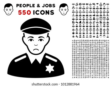 Pitiful Sheriff pictograph with 550 bonus pity and happy jobs images. Vector illustration style is flat black iconic symbols.