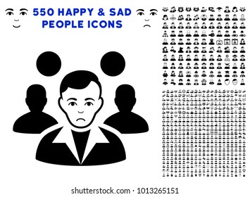 Pitiful Staff Leader pictograph with 550 bonus sad and happy jobs pictographs. Vector illustration style is flat black iconic symbols.