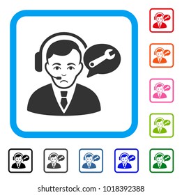 Pitiful Support Manager vector pictogram. Person face has pitiful mood. Black, grey, green, blue, red, orange color variants of support manager symbol inside a rounded rectangular frame.