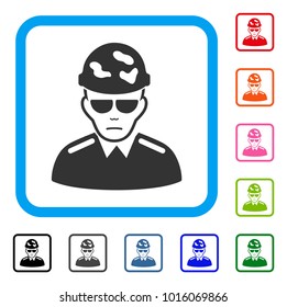 Pitiful Swat Soldier vector pictogram. Person face has desperate mood. Black, grey, green, blue, red, orange color variants of swat soldier symbol inside a rounded rectangular frame.