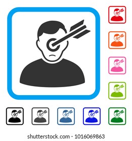 Pitiful Target Man vector icon. Person face has depressed expression. Black, gray, green, blue, red, pink color versions of target man symbol in a rounded rectangular frame.