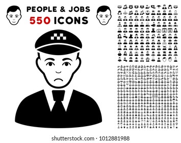 Pitiful Taxi Driver icon with 550 bonus sad and happy person graphic icons. Vector illustration style is flat black iconic symbols.