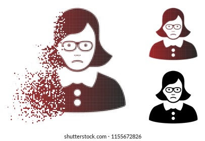 Pitiful teacher lady icon in sparkle, dotted halftone and undamaged solid variants. Pixels are grouped into vector sparkle teacher lady icon. Person face has sadly feeling.