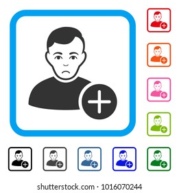 Pitiful User Add vector pictograph. Human face has unhappy mood. Black, gray, green, blue, red, orange color variants of user add symbol inside a rounded squared frame.