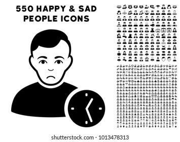 Pitiful User Clock icon with 550 bonus sad and happy men pictures. Vector illustration style is flat black iconic symbols.