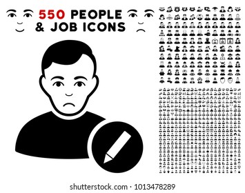 Pitiful User Modify Pencil icon with 550 bonus pitiful and happy people pictographs. Vector illustration style is flat black iconic symbols.