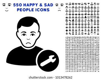 Pitiful User Settings Wrench pictograph with 550 bonus pity and happy people icons. Vector illustration style is flat black iconic symbols.