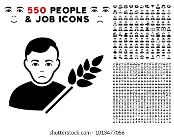 Pitiful Wheat Farmer icon with 550 bonus pity and happy user symbols. Vector illustration style is flat black iconic symbols.