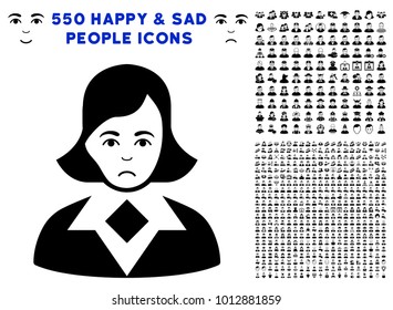 Pitiful Woman pictograph with 550 bonus pitiful and glad person pictographs. Vector illustration style is flat black iconic symbols.