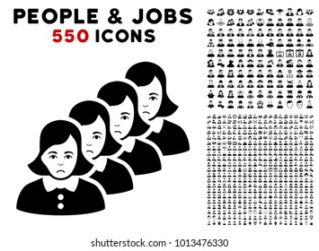 Pitiful Woman Queue icon with 550 bonus pitiful and happy people graphic icons. Vector illustration style is flat black iconic symbols.