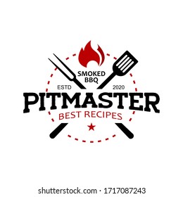 Pitmaster barbecue logo stamp vector graphic label design or roasted food and beverage poster template idea