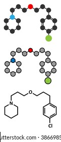 Pitolisant (tiprolisant) narcolepsy drug molecule. Stylized 2D renderings and conventional skeletal formula.