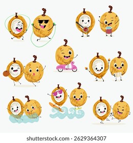Pitomba fruit cute funny cheerful characters with different poses and emotions. Vector hand drawnvector illistration.