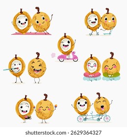 Pitomba fruit cute funny cheerful characters with different poses and emotions. Vector hand drawnvector illistration.