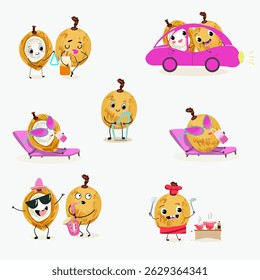 Pitomba fruit cute funny cheerful characters with different poses and emotions. Vector hand drawnvector illistration.
