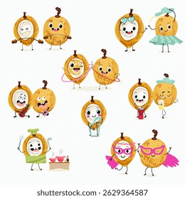 Pitomba fruit cute funny cheerful characters with different poses and emotions. Vector hand drawnvector illistration.