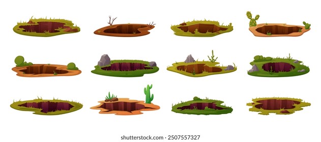 Pozos en el suelo. Diferentes agujeros de terreno para la entrada subterránea de animales. Fosa de tierra del desierto del bosque del jardín, hierba de las plantas de las piedras hoy en día Elementos del Vector