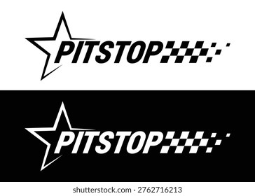 Pitstop racing logo set with star emblem and checkered flag motion, motorsport typography badges for garage branding, automotive decals, esports overlays, sports graphics. Vector illustration