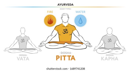 Pitta dosha (or mesomorph) ayurvedic physical constitution of human body type. Editable vector illustration of a man in asana padmasana on a white background, for yoga design - banner, poster, textile