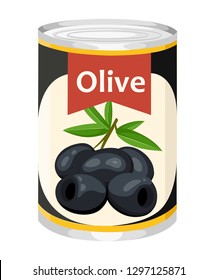 Pitted black Olive in aluminum can. Canned olive with branch logo. Product for supermarket and shop. Flat vector illustration isolated on white background.