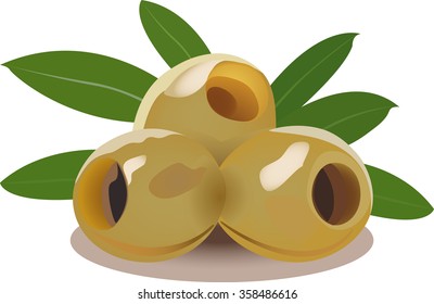Pitted Olives. Green leaves olives. Composition with three olives.