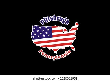 Pittsbrugh. Map of the United States of America with the national flag of the United States isolated on a white background. Vector illustration.