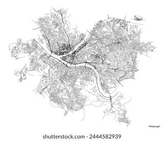 Pittsburgh city map with roads and streets, United States. Vector outline illustration.