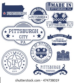 Pittsburgh city, Pennsylvania. Set of generic stamps and signs.