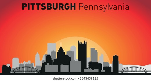 Horizonte de la ciudad de Pittsburgh con siluetas de edificios con el telón de fondo de un Grande sol amarillo y cielo naranja. Vector en el fondo de la puesta del sol