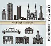 Pittsburgh landmarks and monuments isolated on blue background in editable vector file