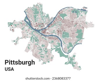 Mapa de Pittsburgh, ciudad de Estados Unidos, Pennsylvania. Mapa de área administrativa municipal con edificios, ríos y carreteras, parques y ferrocarriles. Ilustración vectorial.