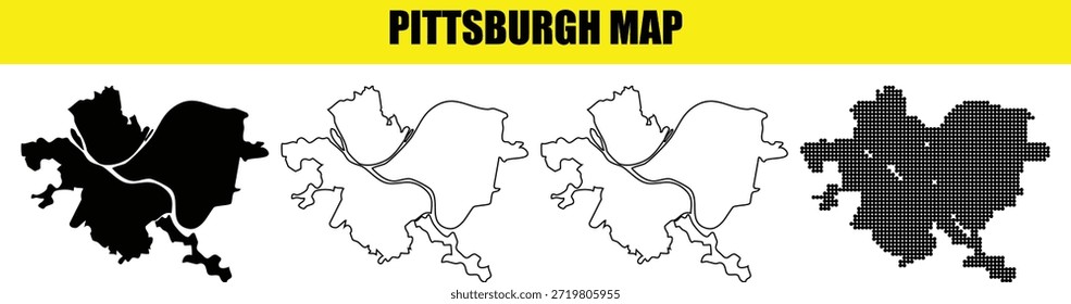 Pittsburgh Karte Sammlung mit schwarzen soliden Form weiße Silhouette und moderne pixelated Punkte Grafiken der amerikanischen Stadtgrenzen geeignet für Geografie-Projekte und Reisedesigns