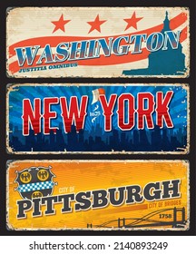 Pittsburgh, Nueva York y Washington ciudades americanas placas o stickers de viaje. Signo de estaño de grunge de ciudad de los Estados Unidos, placa vectorial con paisajes de ciudad metropolitana, siluetas de capitolio y puente