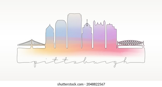 Pittsburgh, PA, USA Skyline Watercolor City Illustration. Famous Buildings Silhouette Hand Drawn Doodle Art. Vector Landmark Sketch Drawing.