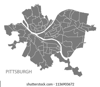 Pittsburgh Pennsylvania city map with neighborhoods grey illustration silhouette shape