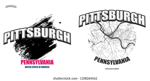 Pittsburgh, Pennsylvania, logo design. Two in one vector arts. Big logo with vintage letters with nice colored background and one-color-version with map for every possible print production.
