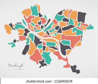Pittsburgh Pennsylvania Map with neighborhoods and modern round shapes